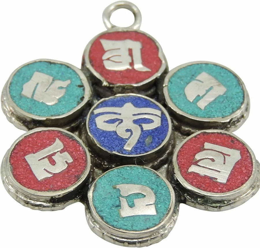Hands Of Tibet Handmade Om Mani Padme Hum Pendant - Lapis Lazuli, Turquoise, Coral Buddhist Necklace