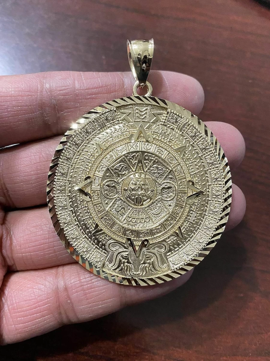 14K Yellow Gold Aztec Calendar Pendant Charm - TGDJ Diamond-Cut Ornate Design (64x64mm)