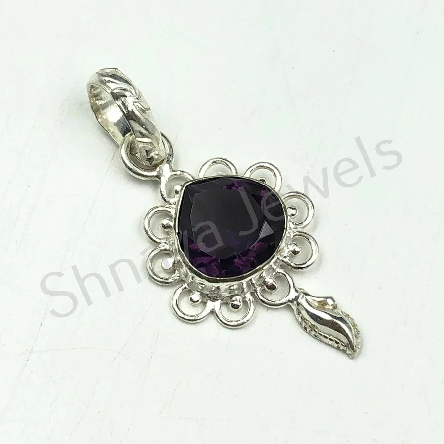 SHNAYA JEWELS Natural African Amethyst Sterling Silver Pendant - 925 Silver Handmade Unisex Jewelry for Engagement, Mother's Day, Vintage Gift